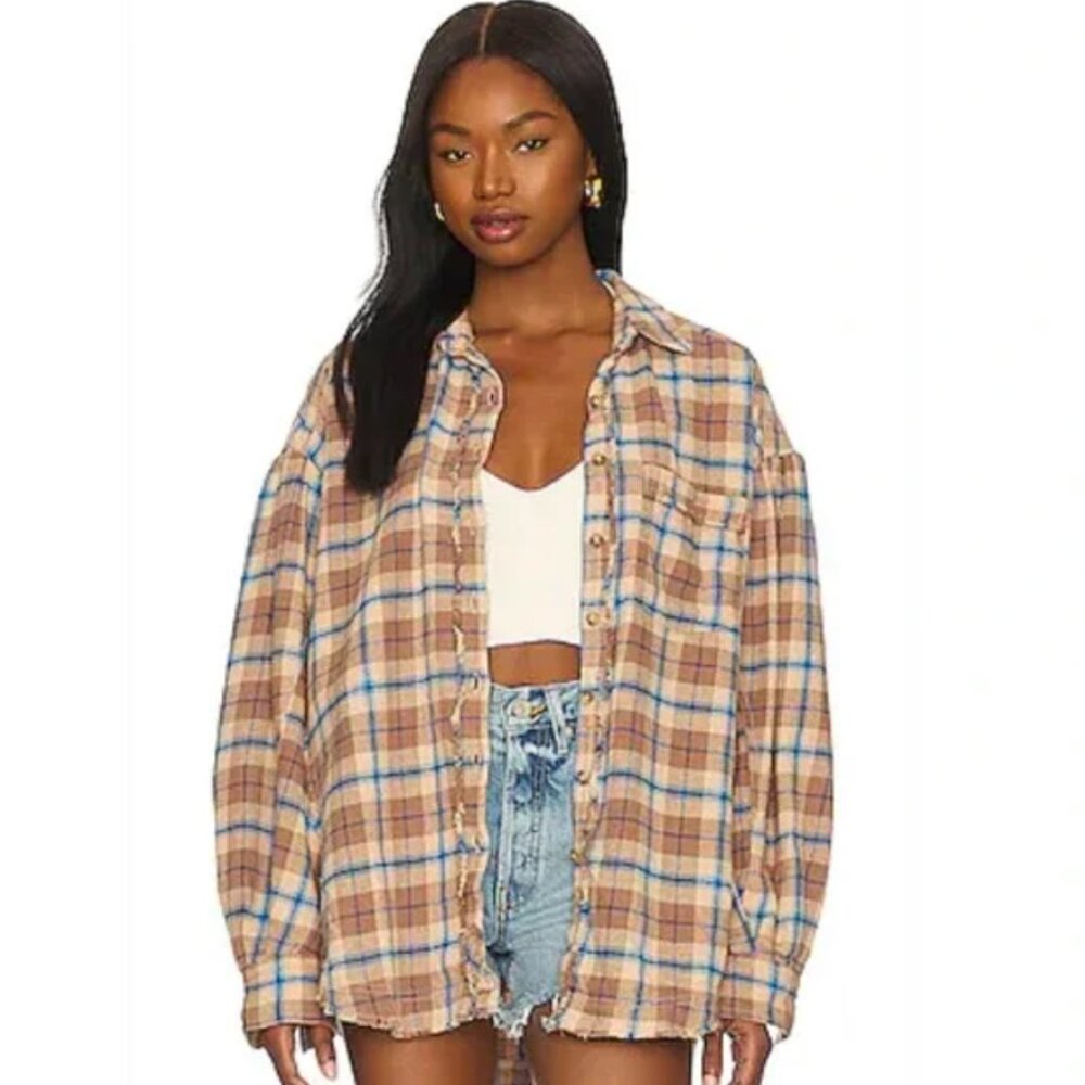 We The Free Plaid Button-Down Shirt Jacket in Tan, Blue, White NWT